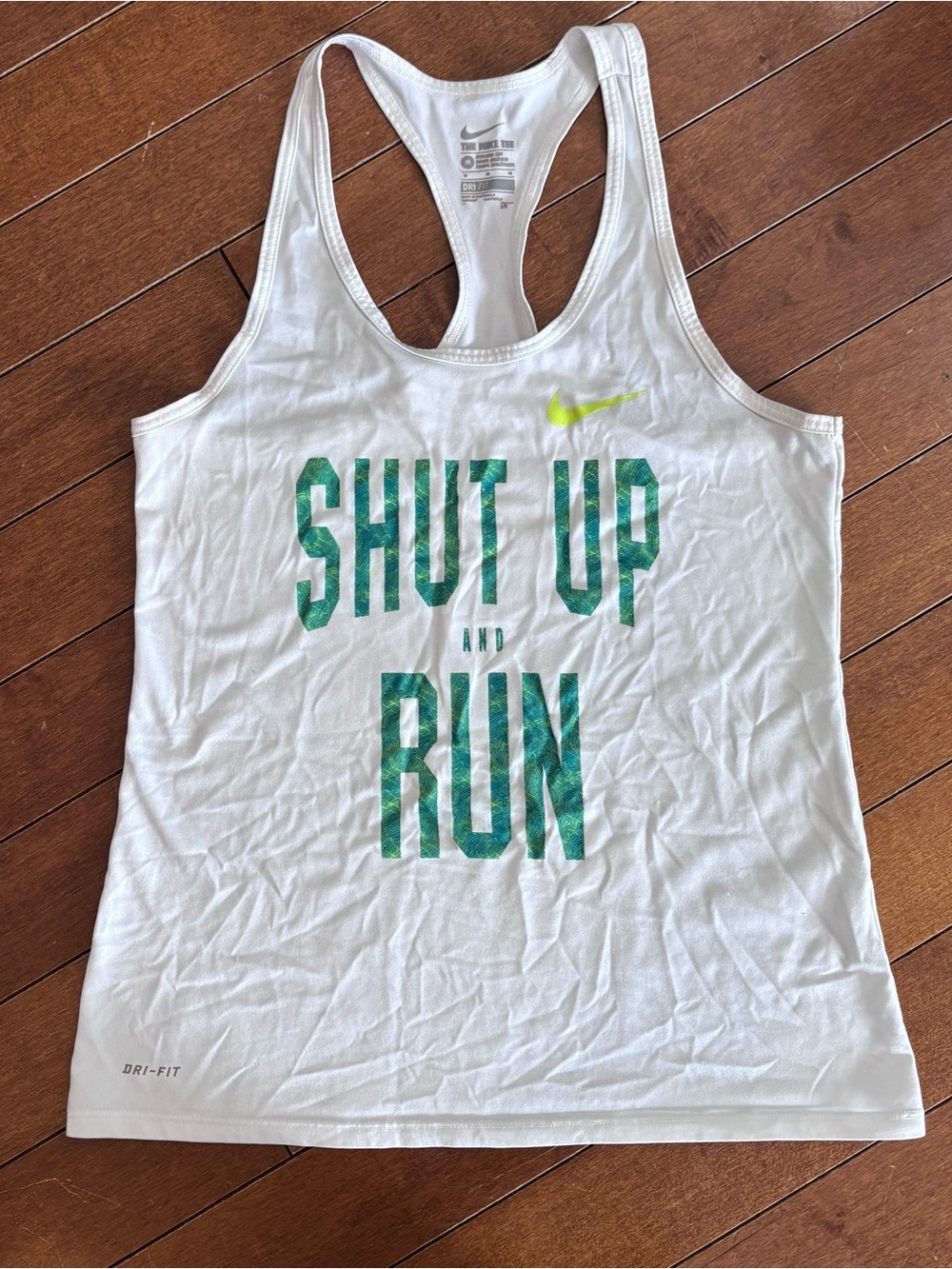 Nike White Racerback Tank with Green Text and Neon Swoosh